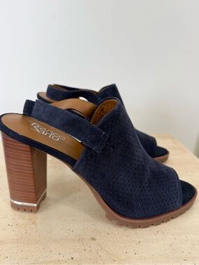 NIB Franco Sarto Navy Suede Open-Toe Block Heel Sandals 10 Medium